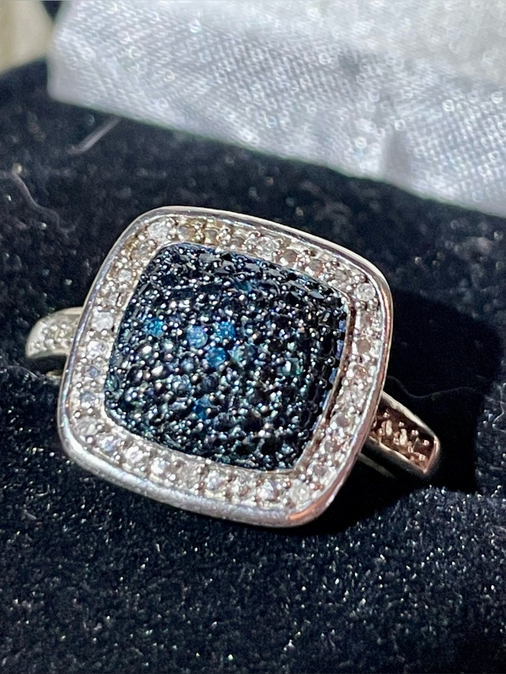 Designer BR SUN Cushion Cut Pavé Blue Diamond Halo Ring - Size 7